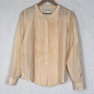 VTG 90s 100% Silk Blouse Sz M Light Peach Pleated Button Up Long Sleeve Luxury